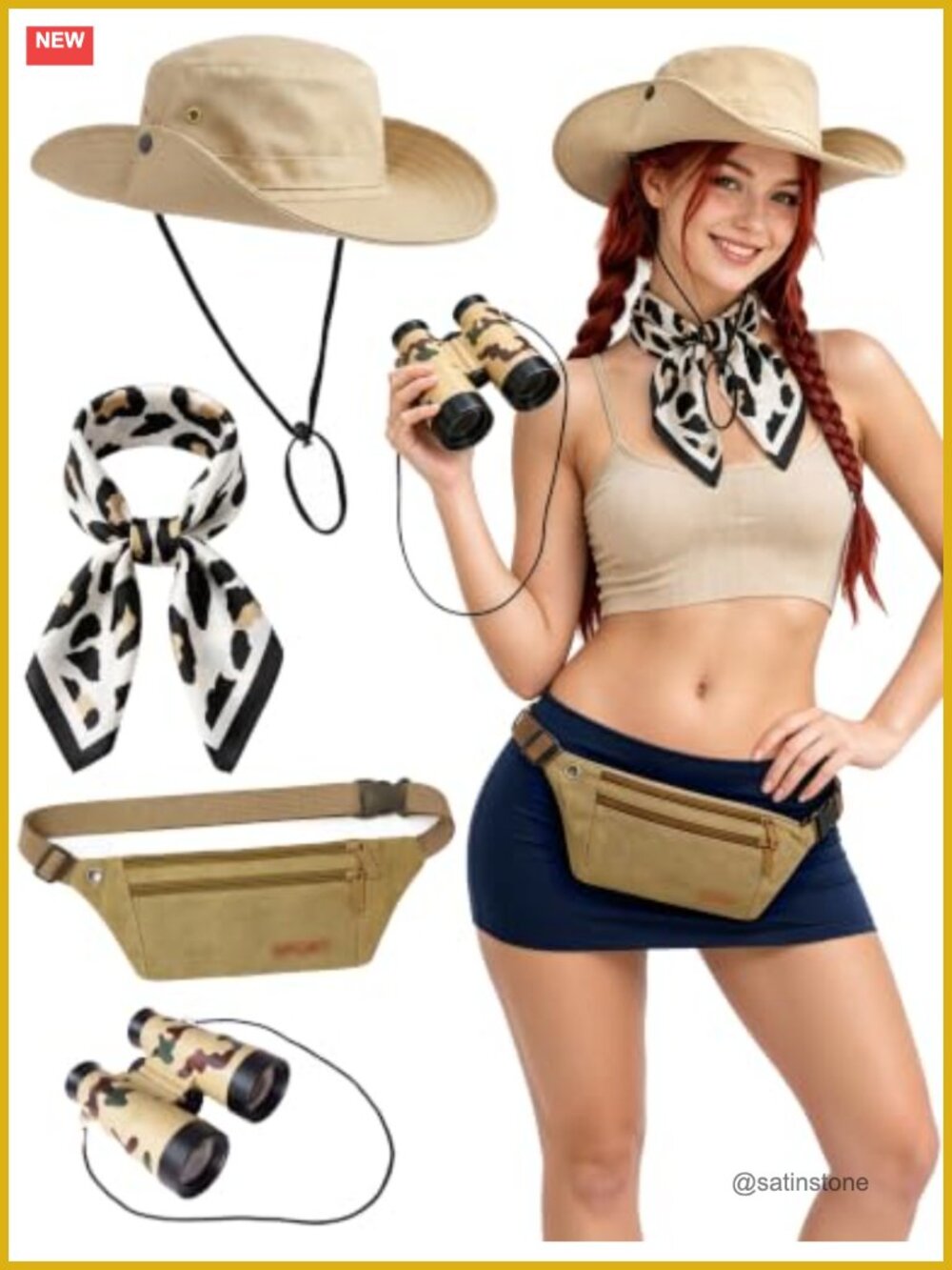 4 Pc Safari Costume Set Waist Bag Hat Binoculars Leopard Scarf
